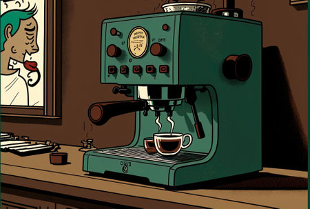 A close up of an espresso machine in use preparing shots of coffeeの素材