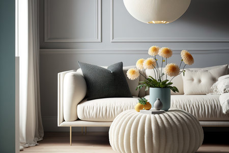A contemporary living room featuring a white sofa, a knitted pouf, a vase, and bulbsの素材