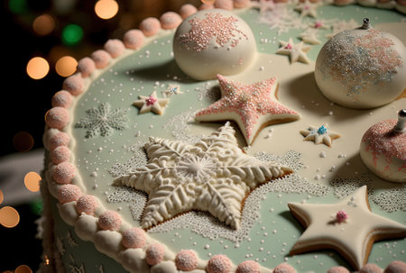A close up of the creamy cake with Christmas ornaments being covered in sugar powderの素材