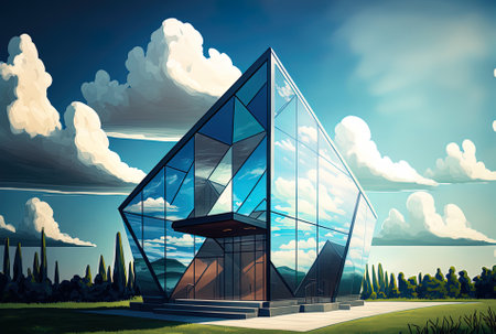 A contemporary glass structure with a cloudy, blue sky in the backgroundの素材