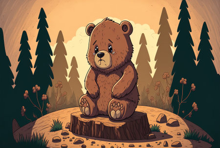 A cute brown bear is sitting on a terrible backdropの素材