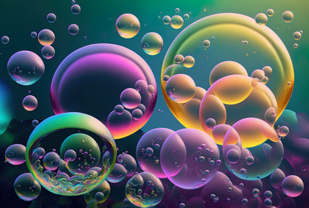A colored illustration of many soap bubble huesの素材