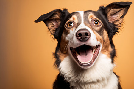 A dog is seen in a studio background against a blank wallの素材