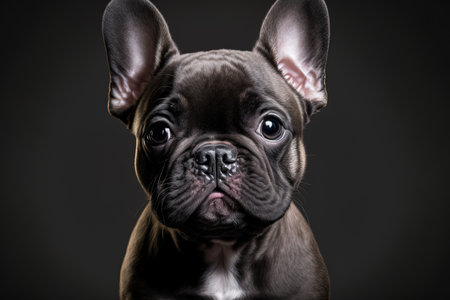 A cute puppy french bulldog is captured up close against a dark backgroundの素材