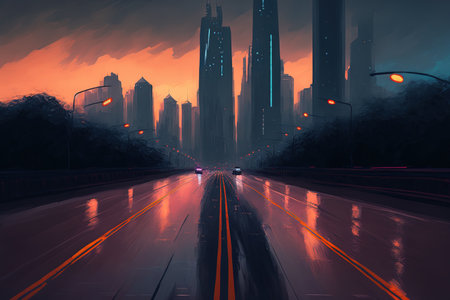 A deserted asphalt road with the skyscrapers and skyline of Chongqing, China, at duskの素材