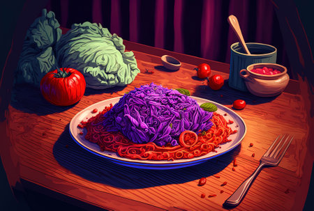 A dish on a desk has fresh red cabbage and tomatoesの素材