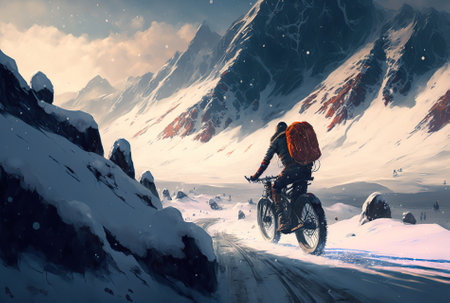 A fully equipped rider pedals a bicycle across snow covered mountainsの素材