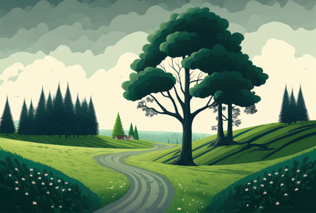 A lovely road winds through tall trees on a green meadow under an overcast skyの素材