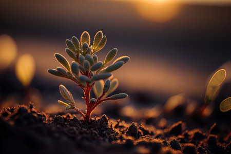 A little plant in selective focus up close on a background of an early sunriseの素材