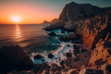 A magnificent sunset view with rocky cliffs near the sea and a hazy skyの素材