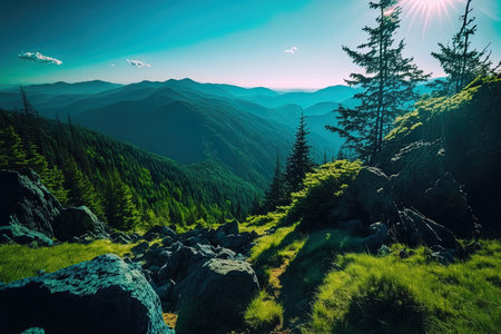 A lovely view of a shadowy terrain under a bright blue skyの素材