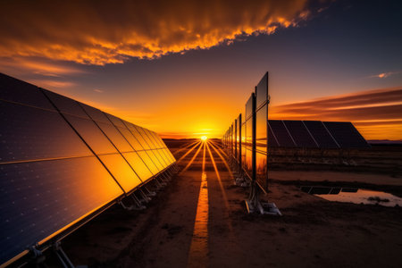 A lovely sunset can be seen over a solar farm in the backdropの素材