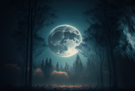 A night sky with a full moon and a gloomy woodland settingの素材