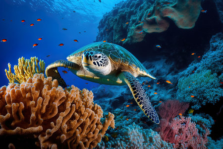 A turtle relaxing near underwater coralsの素材