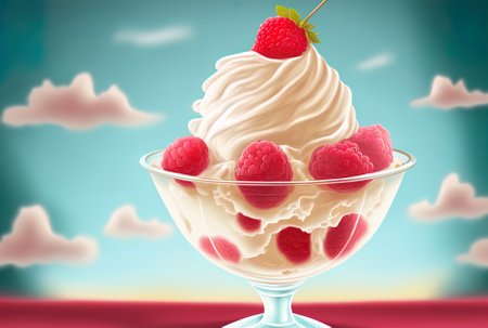 A glass of vanilla ice cream with raspberriesの素材