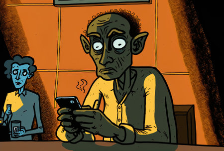 A person uses a cellphone up close at a bar counterの素材