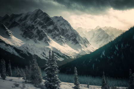 A scene of snow covered rocky mountains is set against an overcast skyの素材