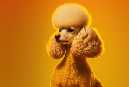 A poodle is depicted in a studio with a yellow backgroundの素材