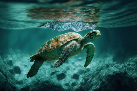 A sea turtle sways in the clear water. Turtles swim in the oceanの素材