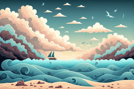 A natural background with a cloudy horizon and fog over the waves of the seaの素材