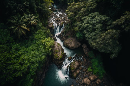 A waterfall seen from above moving down a creek among some rocks and vegetationの素材