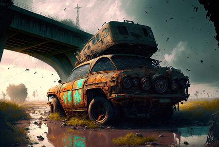 A rusted out old automobile was parked in the center of the motorwayの素材