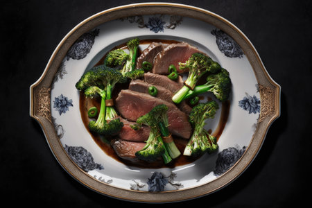 A photograph of meat and broccoli served on a Chinese platterの素材