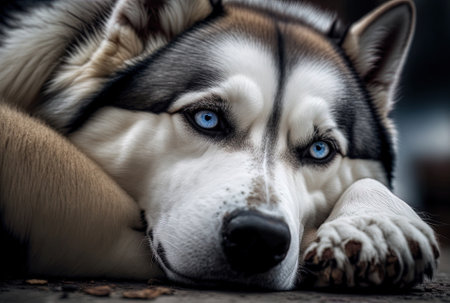 A husky is shown laying on the ground in a close upの素材