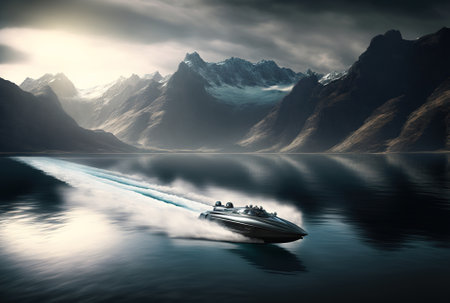 A speedboat is seen in a wide picture on a body of water in the midst of mountainsの素材