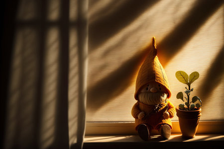 A plant on a window, the sun reflecting off of a wall, and a gnomeの素材