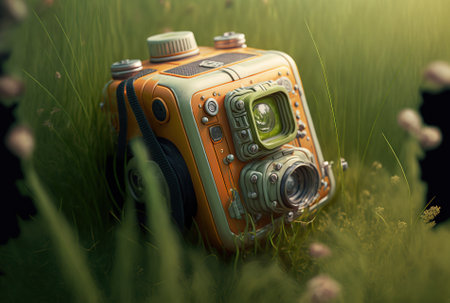 A professional land camera is seen up close on some grassの素材