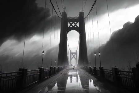 A suspension bridge may be seen in a vertical grayscale image beneath an overcast skyの素材