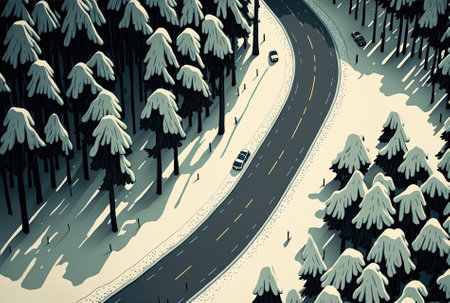 Aerial shot of a road through a snowy woodland in winterの素材
