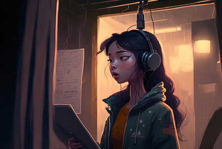 A young Asian vocalist is recording a song at a recording studioの素材