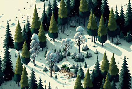 Aerial image of a wintertime forest with towering, green treesの素材