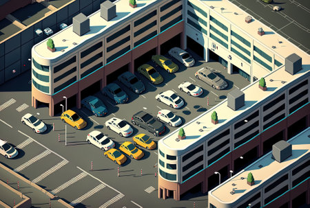 Aerial picture of brand new vehicles at a parking garage of an auto facilityの素材