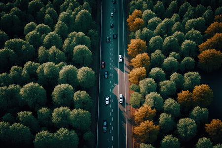 Aerial image of a toll road motorway through a lush summer woodland with vehiclesの素材