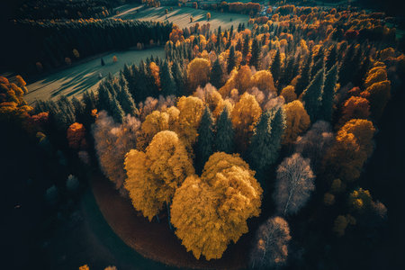 Aerial image of an autumnal countryside with towering, colorful treesの素材