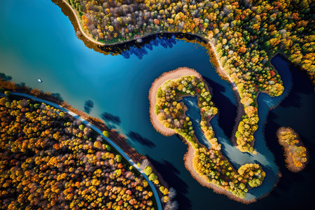 Aerial View of Lake Thoreau and Lake Audubon in Reston, Virginia, in the Fallの素材