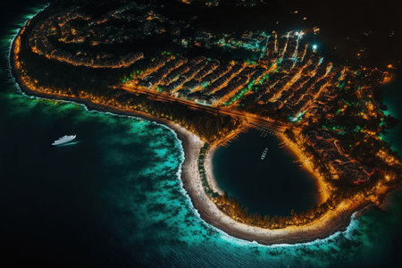An aerial picture of Kemer Beach in Antalya, Turkey, at nightの素材
