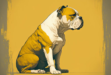 American bulldog cocking his head to the side on a single yellow surfaceの素材