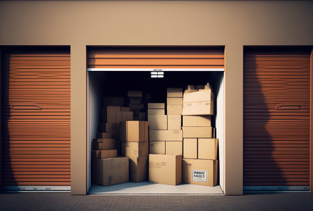 An example of self storage is empty cardboard boxes in a garage or warehouseの素材