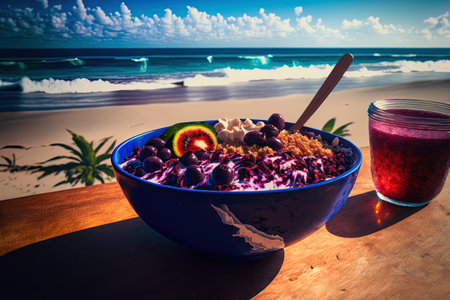 Acai bowl on a tropical beach with lens flareの素材
