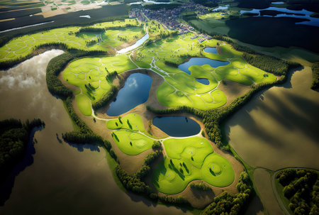Aerial image of a European golf courseの素材