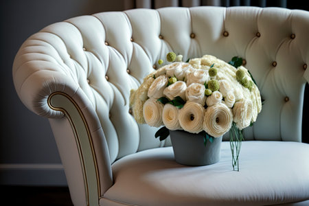 An adorable white bouquet is perched on a little couchの素材