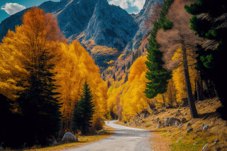 Amazing view of a mountain road lined with trees and vibrantly colored autumn foliageの素材