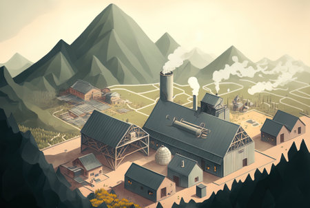 Aerial view of structures, together with farms and mountains, in a hazy skyの素材