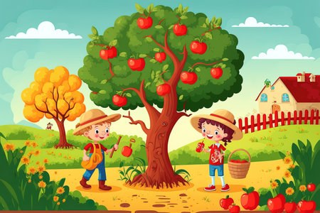Agricultural scene with child harvesting applesの素材