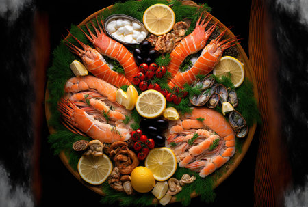 An image shows a platter of seafood for Christmas in close upの素材