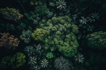 Aerial top down image of a summertime dark, lush forest with green tree canopiesの素材